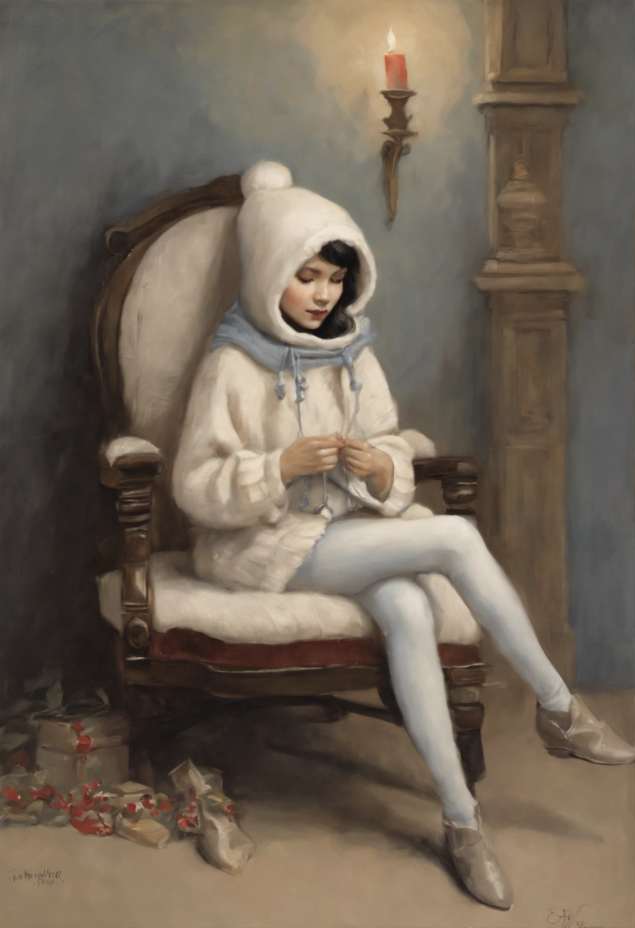 真实感, a painting, fantasy tale, Christmas style, John Tolkien style, Small painting by Jean-Baptiste Monge, portrait of a rocker girl with black Straight hair cascading from under the hood with soft facial features, Rocker girl soft facial features, With light makeup, dark pink lips, lip shape"pearlescent" ,"curved eyebrows in the shape of Engriberts, blue eyes, heavy-lidded eye shape, in a knitted hood, black Straight hair sticking out from under the knitted hood, sitting cross-legged in a large soft chair near the Christmas tree, the fireplace is burning in the back, Wearing trousers, Wearing a knitted lilac blue hooded sweater, Human hand, very clear without flaws with five fingers, mischievous character, Christmas tree, Gifts, Jean-Baptiste Monge, anthropomorphic --ar 2:3 --testp -optimistic;