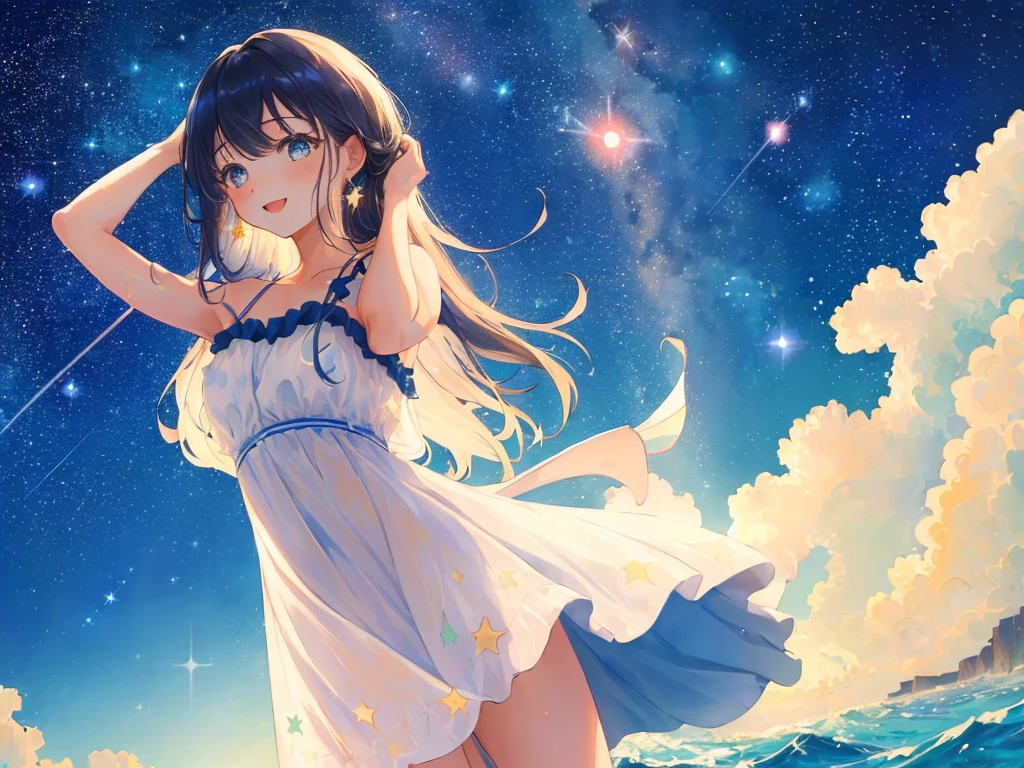 happy,(((masterpiece))),best quality,sundress,ocean,((starry sky)),standing,from below,(beautiful detailed girl),earrings,long hair,swept bangs,sliver hair, (1 girl),hand in own hair,wind,water splash