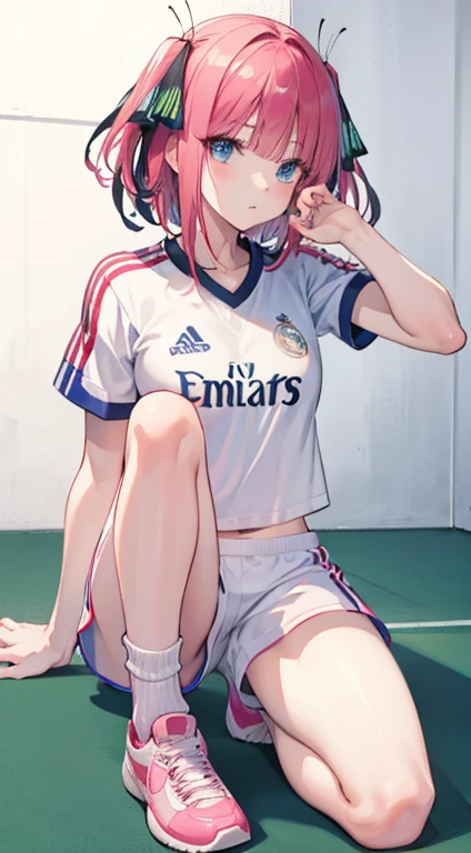 ninonakano, nino nakano, short hair, bangs, blue eyes, hair ornament, hair band, pink hair, blunt bangs, two sides up, butterfly hair ornament, (Real Madrid soccer uniform), t-shirt white, white shorts, white socks, soccer stadium, pink tennis shoes, BREAK looking at viewer, BREAK (masterpiece: 1.2), best quality, high resolution, unity 8k wallpaper, (illustration :0.8), (beautiful detailed eyes :1.6), extremely detailed face, perfect lighting, extremely detailed CG (perfect hands, perfect anatomy),