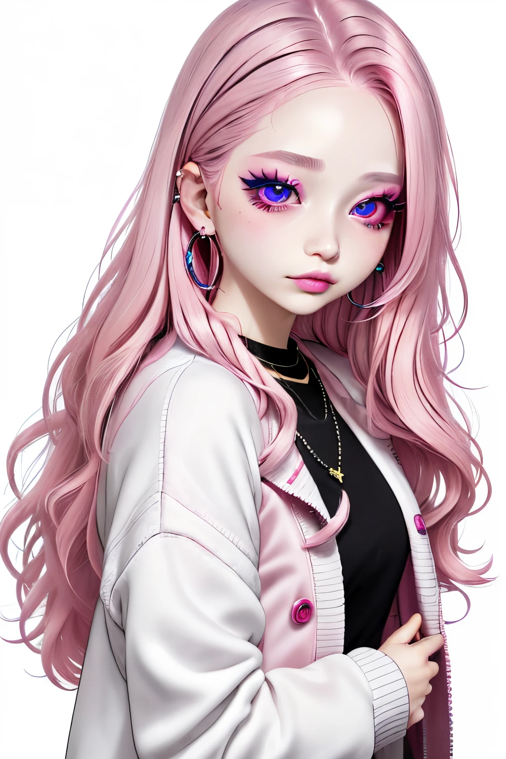 rainbow, 1girl in, Solo, Long hair, Looking at Viewer, Blue eyes background, White background, Jewelry, Closed mouth, Jacket, Upper body, Pink hair, earrings, Pink eyes, Necklace, From Side, Sweaters, Lips, Eyelashes, makeup, Wavy Hair, Piercing, Cross, lip stick, ear piercings, eyeshadows, hoop earrings, Pink lips, multicolored eyes, Pink Theme, , Pink Eyeshadow,