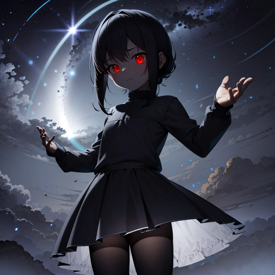 ​masterpiece, accel_nffsw,｛**********｝ jumper skirt, red eyes, up close shot, scattered night flash background, under the starry sky;Meteor shower background, ighly detailed, (murky:1.3), murky, The dim, nffsw, vignettes, Unclean, (Slate atmosphere:0.8)，Shining starry sky