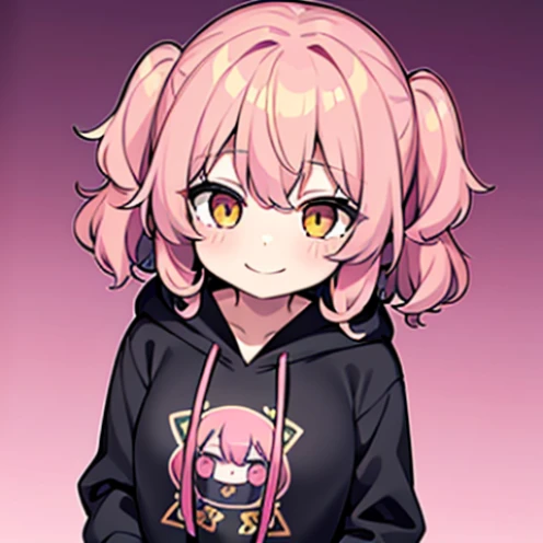 Cute s, Golden eyes, Glowing eyes,pink curly hair,Hair does not tie,Happy smiling face, I wore a hoodie over my pajamas,I lost my hoodie,huge tit,light,4DHD