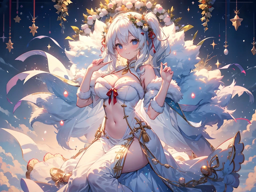 1人、Santa Girl、Christmas、nigh sky、Christmas tree、It's snowing、爆乳、Too large breasts、cleavage of the breast、Santa Claus lace dress、fluffy white cape、Navel Ejection、white  hair、Twin-tailed、fluffy and soft long hair、The sparkling holy night of Christmas、stele々shines brightly、a smile