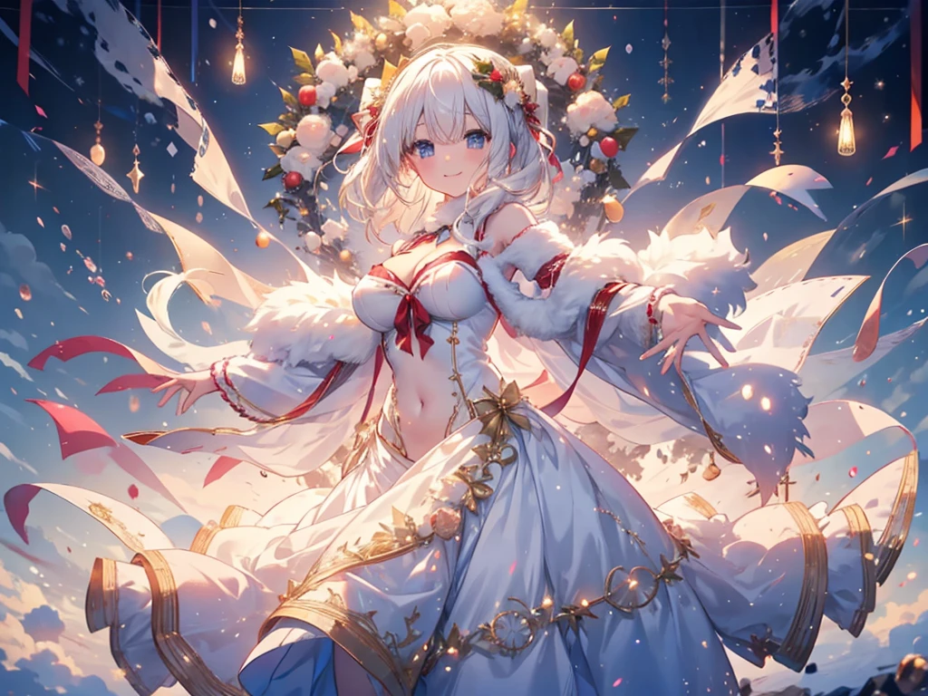 女の子1人、Santa Girl、Christmas、nigh sky、Christmas tree、It's snowing、爆乳、Too large breasts、cleavage of the breast、Santa Claus lace dress、fluffy white cape、Navel Ejection、white hair、Twin-tailed、fluffy and soft long hair、The sparkling holy night of Christmas、stele々shines brightly、a smile