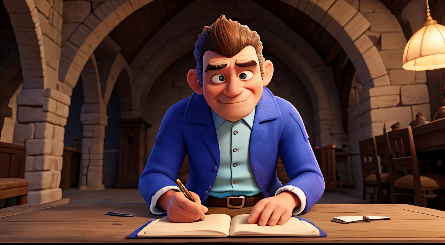 "The 'jester count' is an adult around 50 years old, with a blue shirt, white and brown bobbed hair, white pants, and a black belt. The 'jester count' lives in an ancient castle. He has a sad gaze and a frowning mouth."
