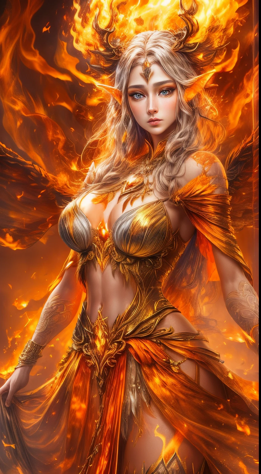 This (realistic fantasy) art contains embers, real flames, real heat, and realistic fire. Generate a masterpiece artwork of a petite female fire druid with large (((orange and gold))) eyes. The fire druid  awe-inspiring with beautiful ((realistic fiery eyes)) alight with confidence and power. Her features are elegant and well defined, with ((soft)) and (((puffy))) and (((smooth))) lips, elven bone structure, and realistic shading. Her eyes are important and should be the focal point of this artwork, with ((extremely realistic details, macro details, and shimmer.)) She  wearing a billowing and glittering gown ((made of realistic flames)) and jewels that glimmer in the fire light. Wisps of fire and smoke line the intricate bodice of the dress. Include bumps, stones, fiery iridescence, glowing embers, silk and satin and leather, an interesting background, and heavy fantasy elements. Camera: Utilize dynamic composition techniques to enhance the realistic flames.