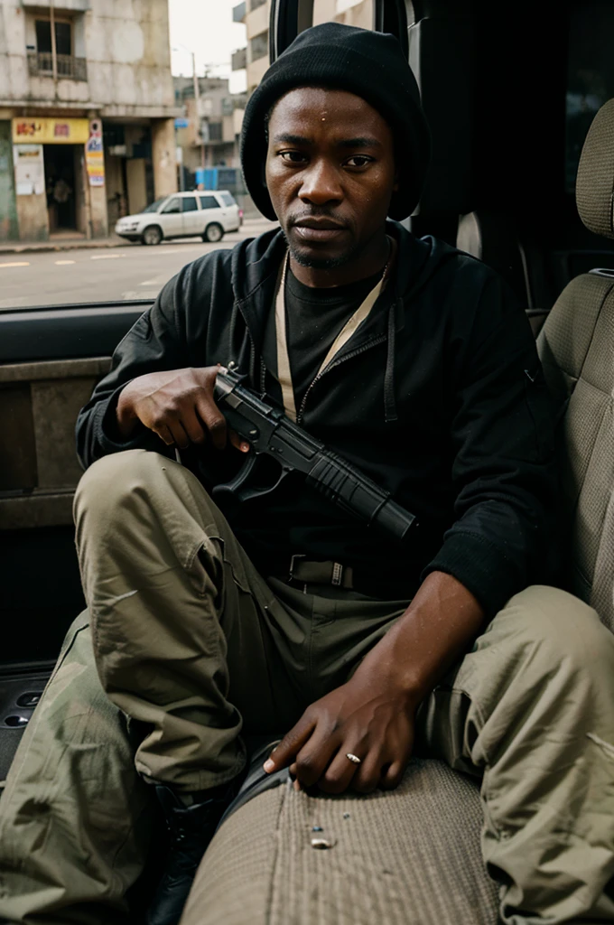 Airsoft player in the style of Grand Theft Auto from Cameroon, looking like a gangsta, holding a gun, sitting in a car in a city in Cameroon