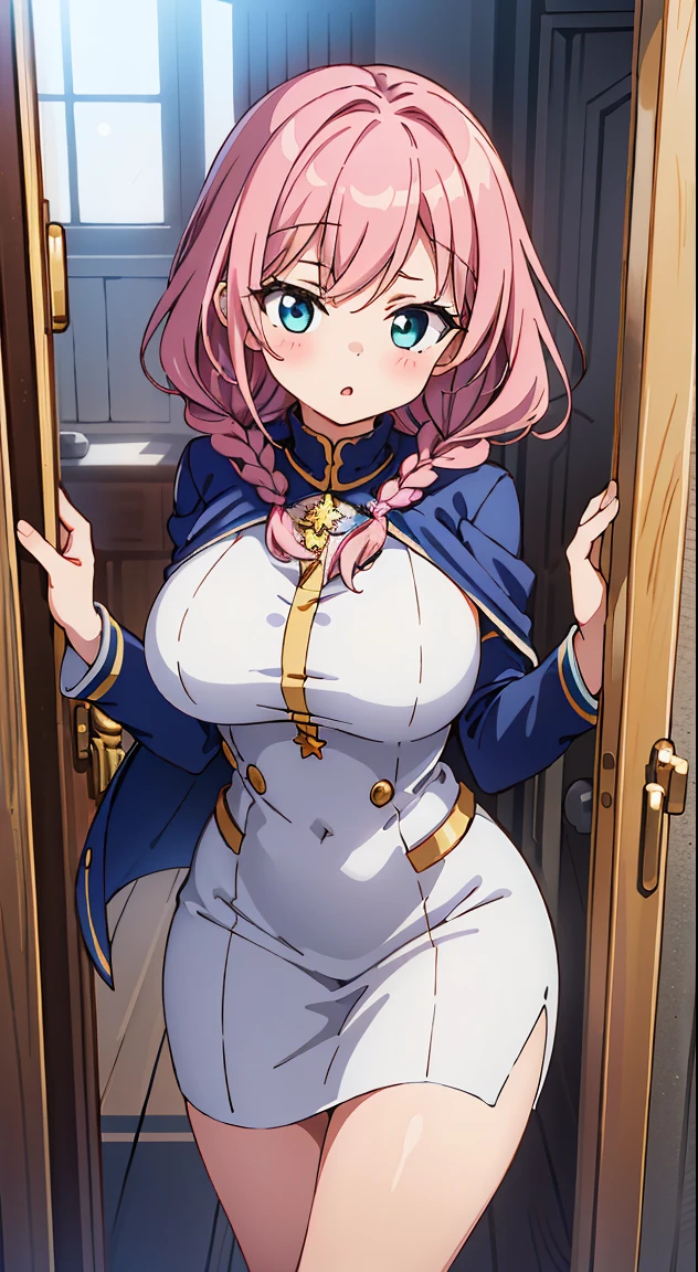 (masutepiece, Best Quality, Perfect Anatomy, High quality:1.4), nice hand, Perfect hands, Detailed beautiful hands, Large_filesize, fulcolor, hight resolution, symmetric, exceptional, Best aesthetic, newest, Anime, very beautiful detailed body,The hair,faces,The eye,BREAK,
1 beautiful girl, ( girl),Solo,(Cute:1.5),(Chibi:0.6),(kawaii:1.5),(Lori:0.5),BREAK,(17 years oldautiful girl,Very detailed,colourfull,highest details,Clear skin,Beautiful skin,Shy,Very detailed,colourfull,highest details,BREAK,Clear skin,Beautiful skin,Shy skin,BREAK,{Heterochromia,blue eyess,Green eyes,PUPILS SPARKLING:1.9},star eye silhouette,BREAK,(Pink hair, Medium length:1.4),(Twin braids,A little curly hair,Princess Cut, crossed bangs:1.3),(Big breasts,Beautiful breasts,Large breasts:1.5),(long eyelashes, Double eyelids:1.2),Solo,gleaming skin, Clear skin, Beautiful skin,(best quality face),(Top quality glowing eyes),(Doya face,brave face:1.45) , BREAK,
turtleneck poncho cape,
Cozy turtleneck poncho cape in neutral tones like gray and camel,
Add flair with fringe and asymmetrical hem,
Pair with skinny jeans and knee-high boots、Enjoy a comfortable and stylish fall look。,
Break Break ,(plein air),
( Landscape background :1.3) ,
(A very beautiful woman seen from the entrance :1.3) ,
(the woman arrived home :1.3) ,
(opened the entrance door :1.4),
(SWAT standing:1.3),
(the i'full of shyness :1.4),
(timid :1.2) ,
(upward looking gaze :1.2) ,
Looking Up ,
From above ,depth of fields,
BREAK,wakame,wakame,wakame,(Cowboy Shot:1.4),
BREAK,(Blurry background:1.3),(absurderes, hight resolution, Super Detail Art),cel shading,Clear Color, Lonely optical effect, Beautiful pictures, Bright glow, mystic atmosphere,(Close-up of girl:1.1), Mystical light particle effect,manga influence, clean line drawings,