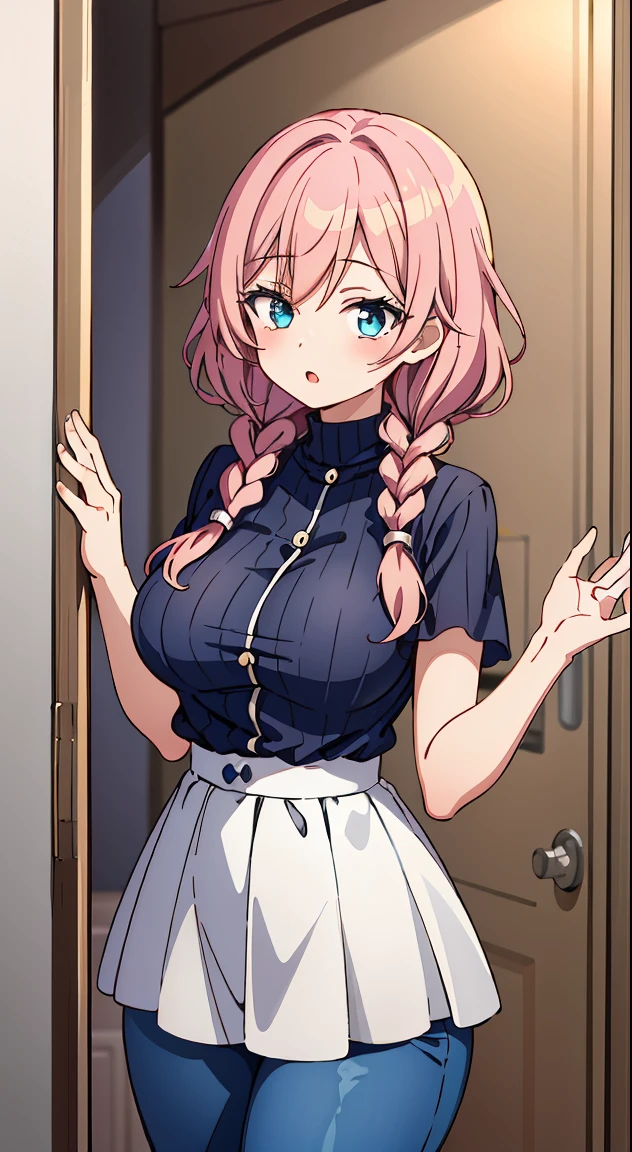 (masutepiece, Best Quality, Perfect Anatomy, High quality:1.4), nice hand, Perfect hands, Detailed beautiful hands, Large_filesize, fulcolor, hight resolution, symmetric, exceptional, Best aesthetic, newest, Anime, very beautiful detailed body,The hair,faces,The eye,BREAK,
1 beautiful girl, ( girl),Solo,(Cute:1.5),(Chibi:0.6),(kawaii:1.5),(Lori:0.5),BREAK,(17 years oldautiful girl,Very detailed,colourfull,highest details,Clear skin,Beautiful skin,Shy,Very detailed,colourfull,highest details,BREAK,Clear skin,Beautiful skin,Shy skin,BREAK,{Heterochromia,blue eyess,Green eyes,PUPILS SPARKLING:1.9},star eye silhouette,BREAK,(Pink hair, Medium length:1.4),(Twin braids,A little curly hair,Princess Cut, crossed bangs:1.3),(Big breasts,Beautiful breasts,Large breasts:1.5),(long eyelashes, Double eyelids:1.2),Solo,gleaming skin, Clear skin, Beautiful skin,(best quality face),(Top quality glowing eyes),(Doya face,brave face:1.45) , BREAK,
turtleneck poncho cape,
Cozy turtleneck poncho cape in neutral tones like gray and camel,
Add flair with fringe and asymmetrical hem,
Pair with skinny jeans and knee-high boots、Enjoy a comfortable and stylish fall look。,
Break Break ,(plein air),
( Landscape background :1.3) ,
(A very beautiful woman seen from the entrance :1.3) ,
(the woman arrived home :1.3) ,
(opened the entrance door :1.4),
(SWAT standing:1.3),
(the i'full of shyness :1.4),
(timid :1.2) ,
(upward looking gaze :1.2) ,
Looking Up ,
From above ,depth of fields,
BREAK,wakame,wakame,wakame,(Cowboy Shot:1.4),
BREAK,(Blurry background:1.3),(absurderes, hight resolution, Super Detail Art),cel shading,Clear Color, Lonely optical effect, Beautiful pictures, Bright glow, mystic atmosphere,(Close-up of girl:1.1), Mystical light particle effect,manga influence, clean line drawings,