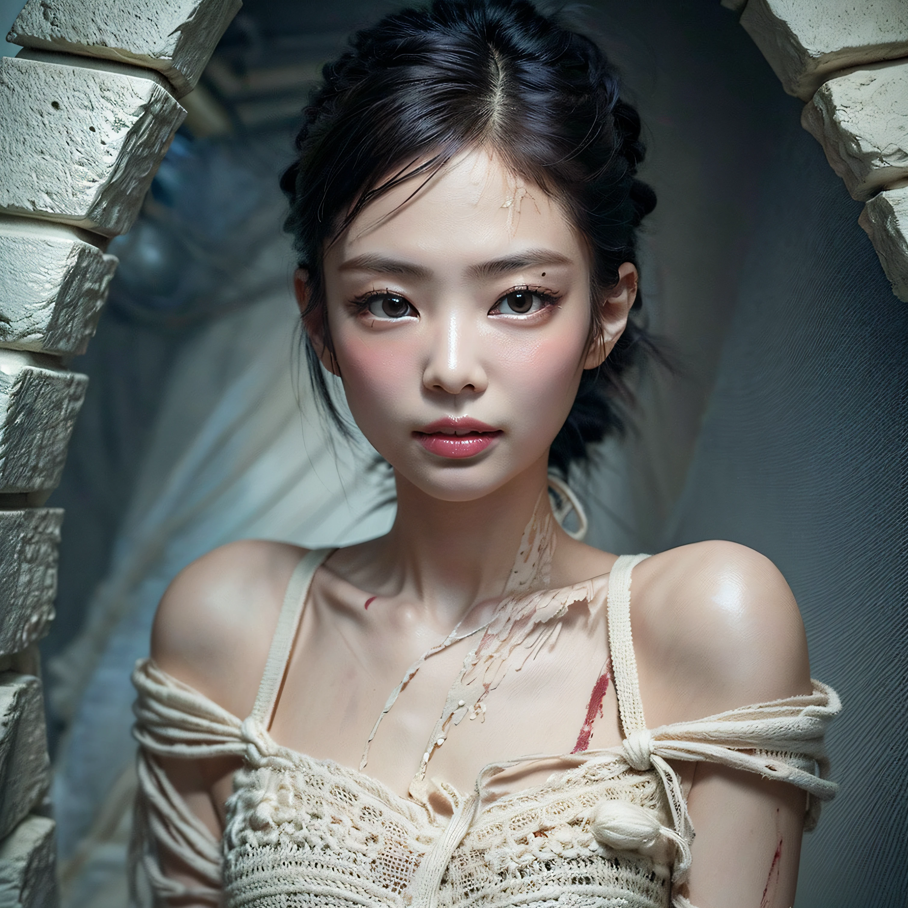 corpse, sinister, female, thin, pale, looking at the camera, ultra realistic, fully detailed, cemetery environment, bright eyes, white dress torn and stained with blood, bones exposed, putrid wounds, , terrifying, bruised by the body, exposed fracture in the collarbone, slight smile, super detailed, black short hair, blood and wounds, stab wounds on body, dirty clothes, Jennie Kim,