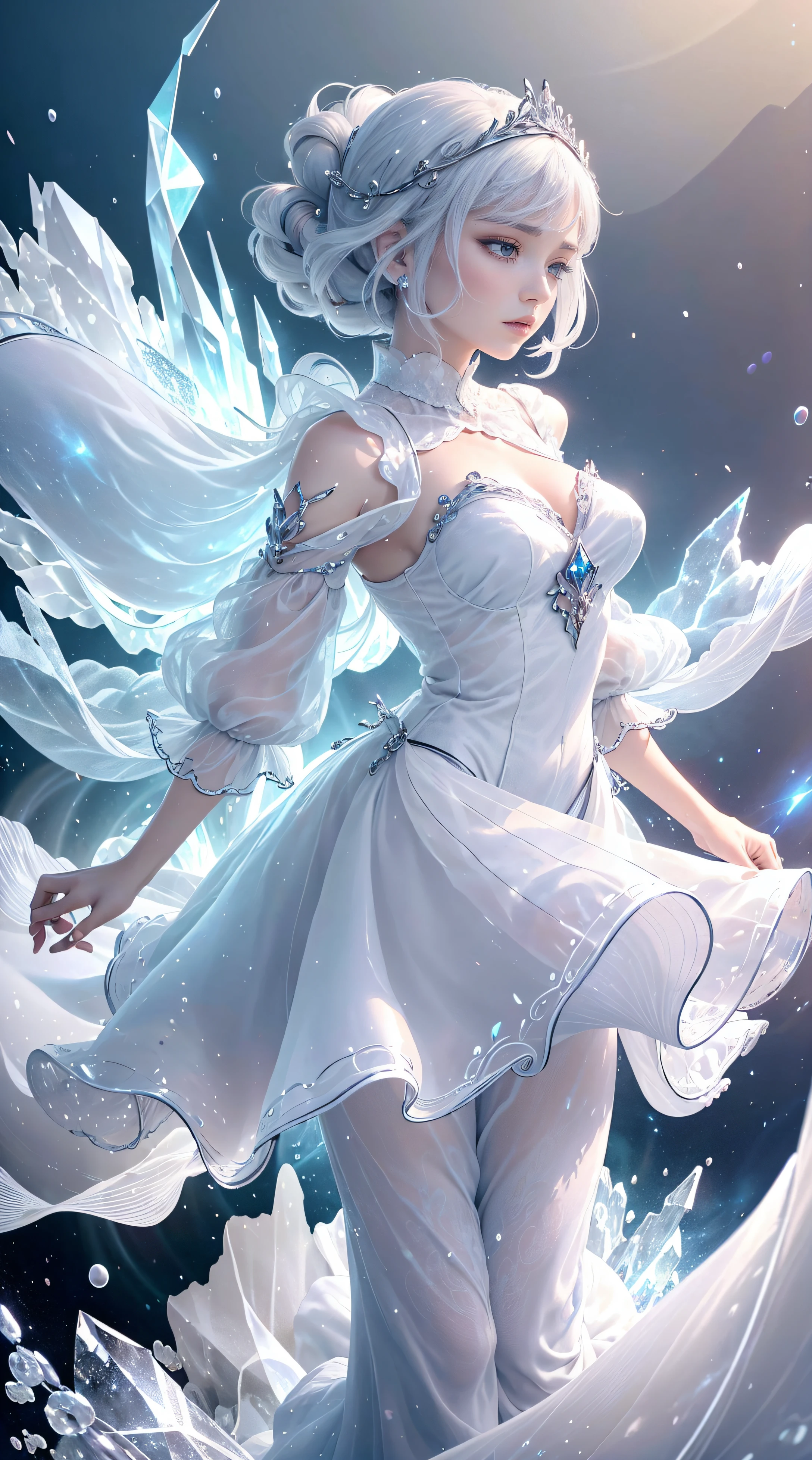 (tmasterpiece,quality,optimum,offcial art,Beautiful and beautiful,long term exposure:1.2),Smooth movement,Charming Patterns, 1 girl,(long skirt with sleeves:1.3),(((white clothes))),Close-up of the upper body,Shoulderless,ChineseGirl,blush blush,black lob hair, sporty attire,独奏,upper part of body,Gaze at the observer,detailedbackground,详细的脸,(Crystallized AI, crystalline theme:1.1),Elemental Wind Elves,whirly,Control the wind,white crystal coat,dynamicposes,Particles float,Ethereal power,Rotated,Gaseous,Whirlwind in the background,White tones,Rotated,Ethereal atmosphere,