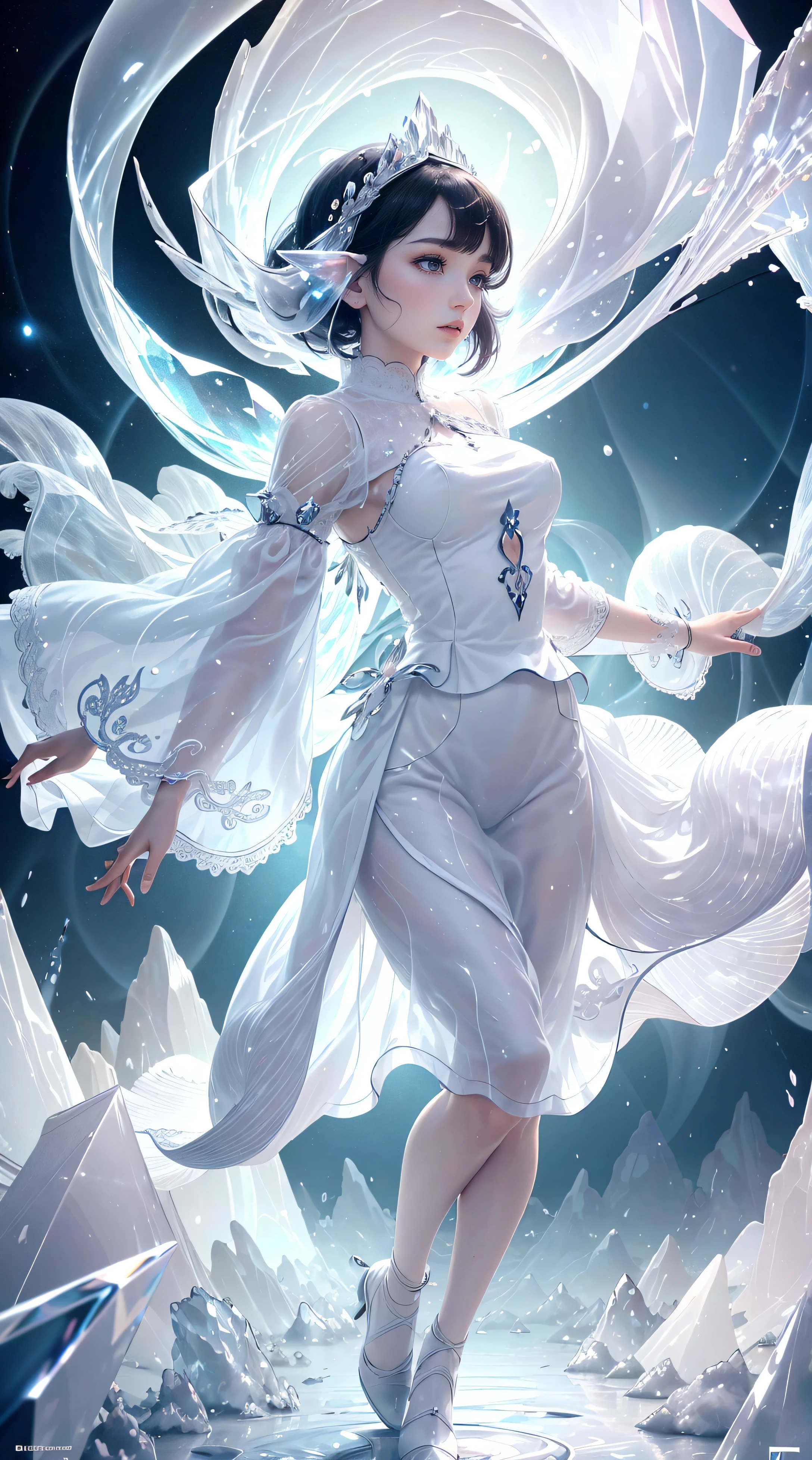 （tmasterpiece，quality，optimum，offcial art，Beautiful and beautiful，long term exposure：1.2），Smooth movement，Charming Patterns， 1 girl，（long skirt with sleeves：1.3），(((white  clothes)))，Close-up of the upper body，Shoulderless，ChineseGirl，blush blush，black lob hair， sporty attire，独奏，upper part of body，Gaze at the observer，detailedbackground，详细的脸，(Crystallized AI, crystalline theme:1.1)，Elemental Wind Elves，whirly，Control the wind，white crystal coat，dynamicposes，Particles float，Ethereal power，Rotated，Gaseous，Whirlwind in the background，White tones，Rotated，Ethereal atmosphere，