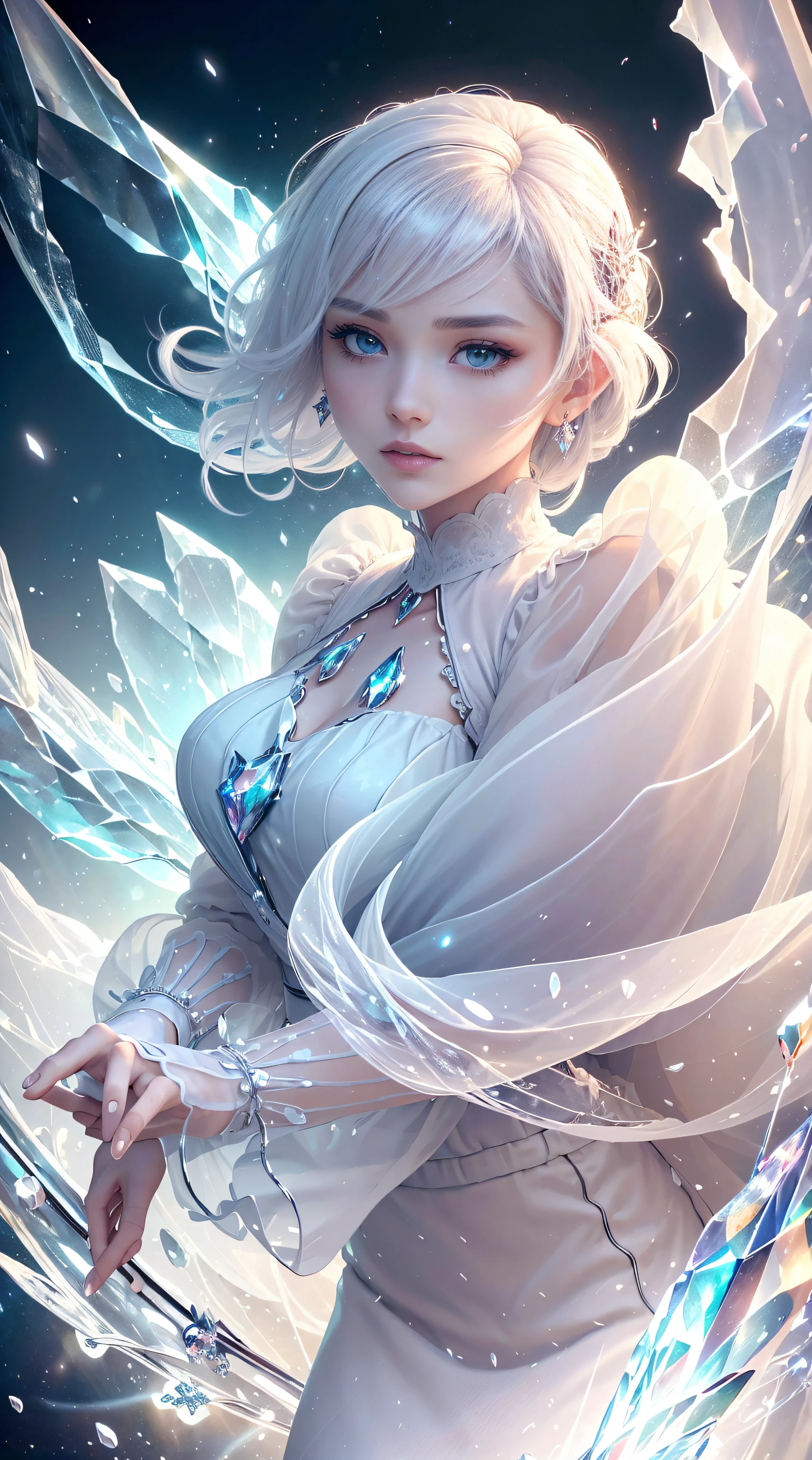 (Masterpiece, Top Quality, Best, Official Art, Beautiful and Aesthetic, Long Exposure: 1.2), Smooth Movement, Charming Patterns, 1 Girl, (Long Dress with Sleeves: 1.3), (((White Clothes) )), upper body close-up, bare shoulders, Chinese girl, blush, black lob hair, portrait, solo, upper body, looking at the observer, detailed background, detailed face, (crystallineAI, crystalline theme:1.1), elemental wind elves, rotation Wind, control the wind, white crystal clothing, dynamic pose, floating particles, ethereal dynamics, whirlwind, vapor, whirlwind in the background, white tone, whirlwind, ethereal atmosphere,