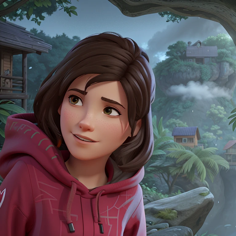 cartoon of a woman in a red hoodie raincoat standing in front of a rainy foggy jungle, background artwork, point-and-click adventure game, detailed game art, background art, screenshot from the game, character art closeup, game illustration, portrait of max caulfield, character portrait closeup, closeup character portrait, game art, random background scene, stylized fantasy artwork, character close up