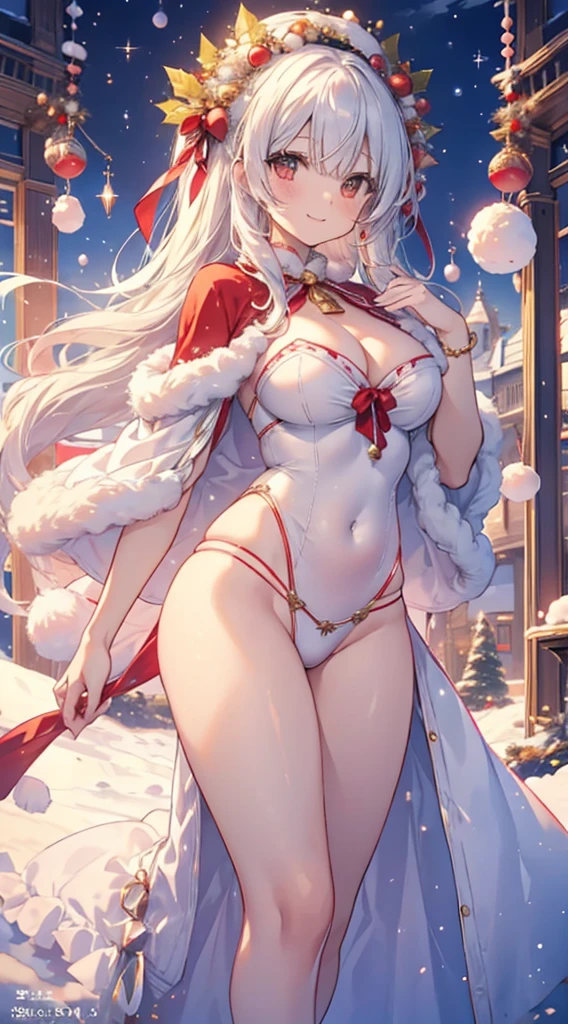 1人、Santa Girl、Christmas、nigh sky、Christmas tree、It's snowing、、Too large breasts、cleavage of the breast、Red Santa Claus lace One Piece Luffy&#39;s white cape、Navel Ejection、white  hair、Twin-tailed、Fluffy and soft long hair、A sparkling Christmas night、stele々shining brightly、A smile、Golden eyes、European streets decorated for Christmas