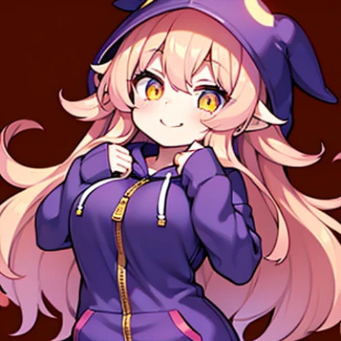 Cute s, Golden eyes, Glowing eyes,long pink curly hair,Hair does not tie,Happy smiling face, I wore a hoodie over my pajamas,I opened the zipper of my hoodie.,huge tit,light,4DHD,succubus