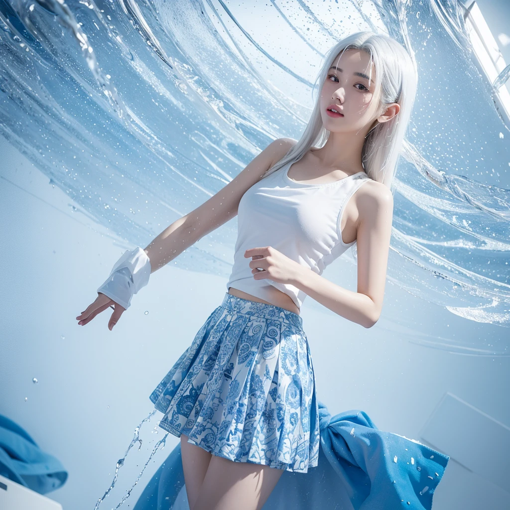 A two-dimensional girl with white hair  soaked all over and dripping with water in a blue and white patterned skirt.