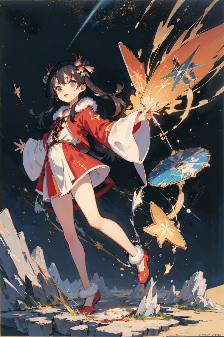 (​masterpiece、top-quality、Official art:1.2)、Look at viewers、(Little girl))、（santa costume）（Black hair）（nude），christmas tree island、Rainbow fragments are scattered、（reindeer），floating colorful starry sky、(2D:1.5)