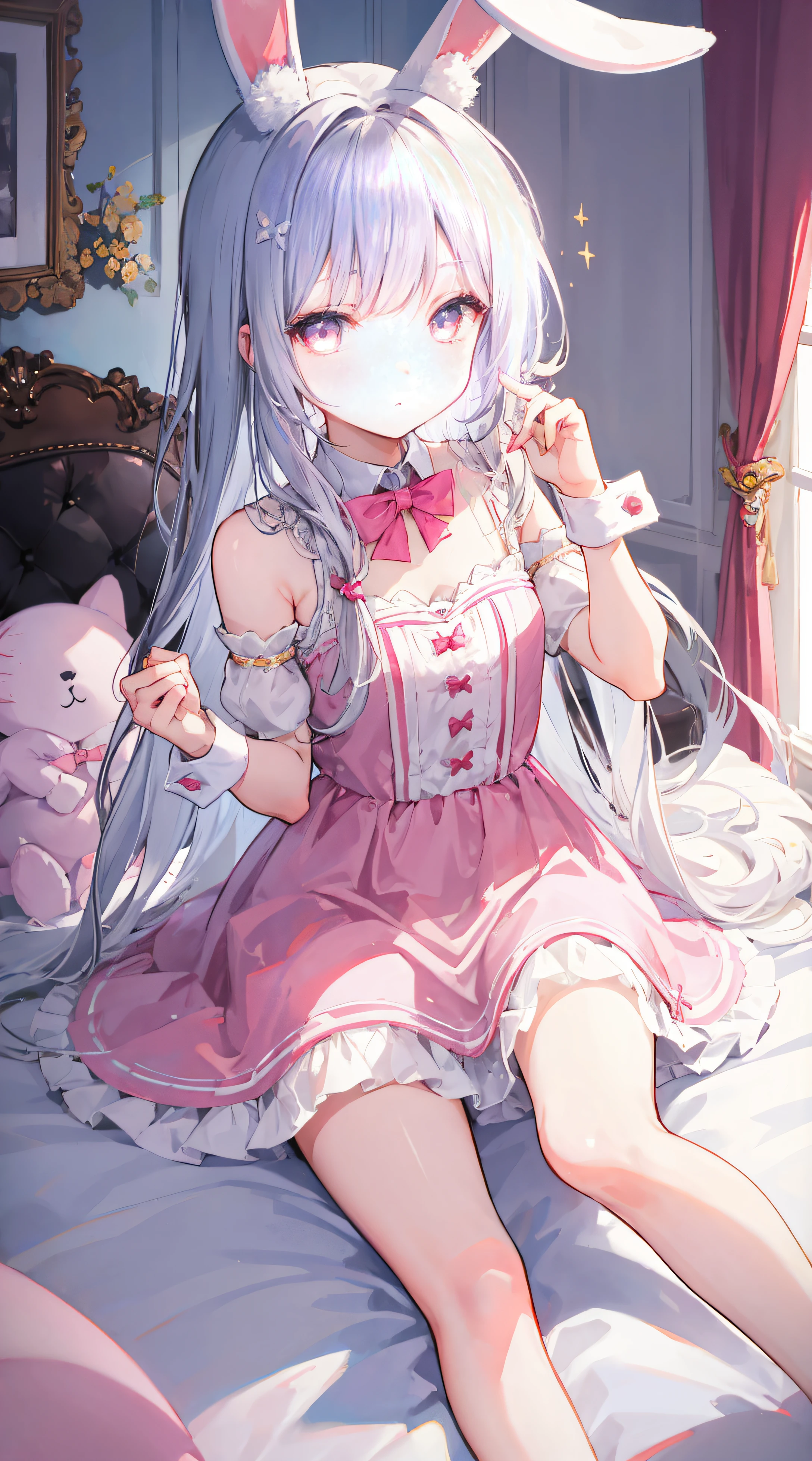 beautiful illustration, best quality, cute girl, bedroom, pastel color, fluffy bunny ears, petite, silver long hair, rabbit stuffed toy, bright lighting, light pink eyes