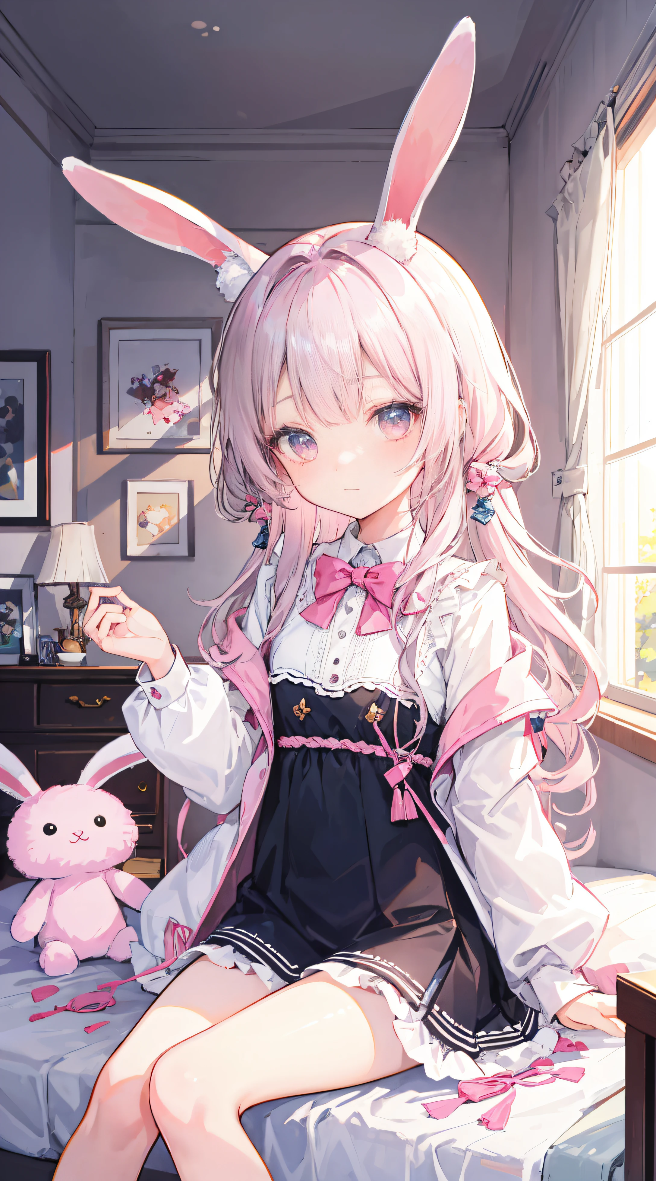 beautiful illustration, best quality, cute girl, bedroom, pastel color, fluffy bunny ears, petite, silver long hair, rabbit stuffed toy, bright lighting, light pink eyes