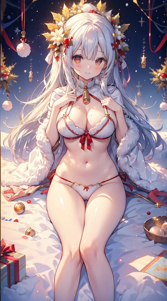 1人、Santa Girl、Christmas、nigh sky、Christmas tree、It's snowing、、Too large breasts、cleavage of the breast、Red Santa Claus lace underwear Luffy'White cloak、Navel Ejection、white hair、Twin-tailed、Fluffy and soft long hair、A sparkling Christmas night、stele々shining brightly、A smile、Golden Eyes、European streets are decorated for Christmas、bending forward、The upper part of the body