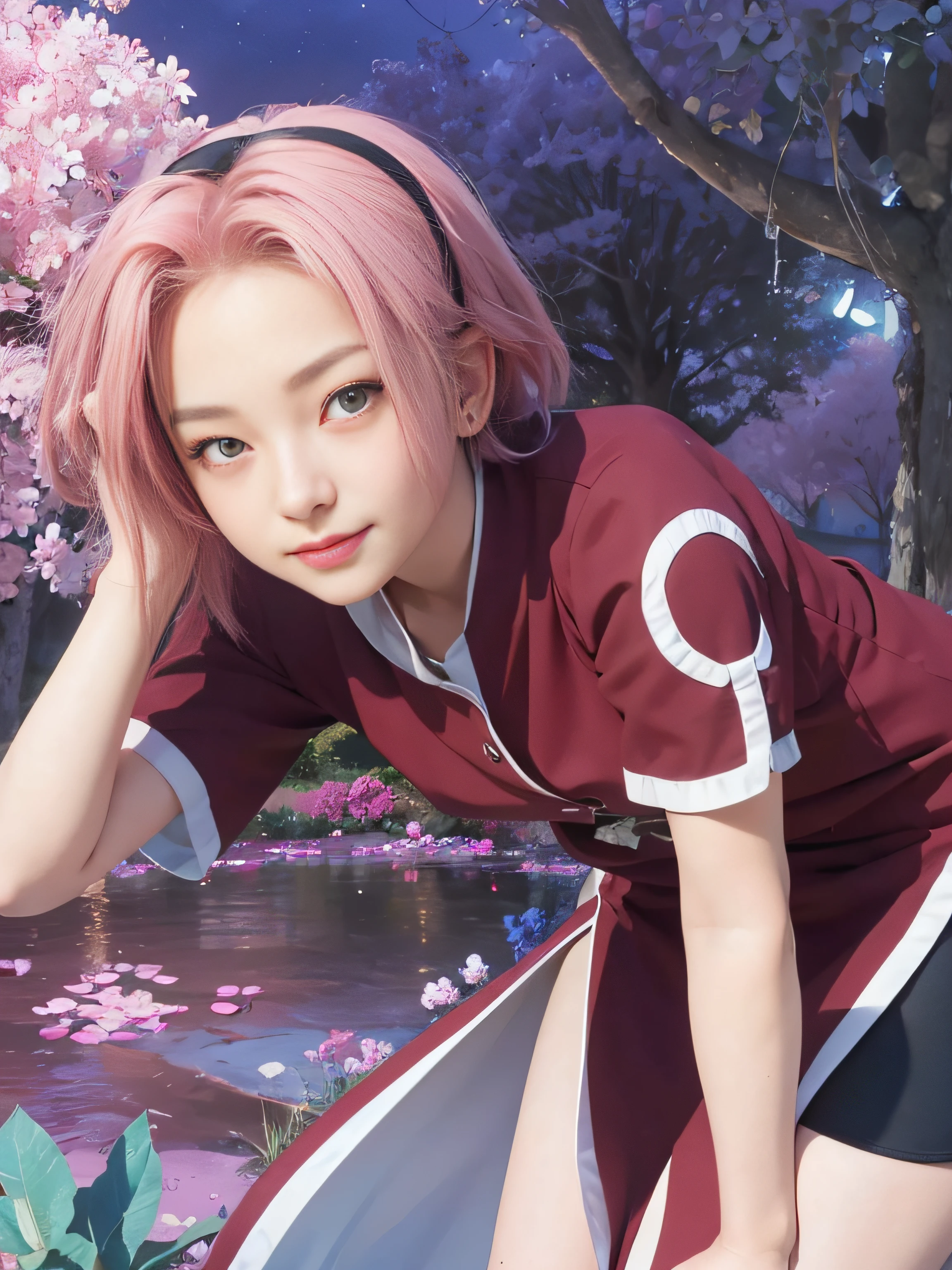 masterpiece, best quality, (realistic, photo-realistic:1.4), (RAW photo:1.2), extremely detailed CG unity 8k wallpaper, delicate and beautiful, amazing,finely detail, official art, absurdres, incredibly absurdres, huge filesize, ultra-detailed,extremely detailed eyes and face, light on face,little smile,potrait,pink hair,short hair,garden,green eyes,garden,night