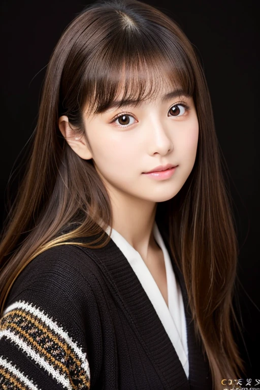 An ultra-high picture quality、Perfect Photo、japanes、Two beautiful girls、15yo student、Black background、Brown cardigan、Brown sweater、Photography Studio、Long hair、Light makeup、press cheek to cheek、serious facial expression、up of face、closing eye、
