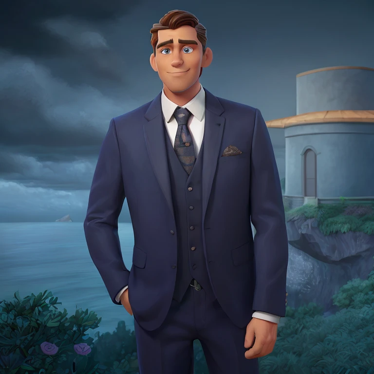 there  a man in a suit standing in front of a house on a cliff, cloudy sea background, a portrait of the character, handsome man, background artwork, handsome stunning realistic, epic and classy portrait, stylized portrait formal pose, official character illustration, epic game portrait, official character art, background : diego fazio, regal dark blue clothes, full protrait, clothed in ancient suit