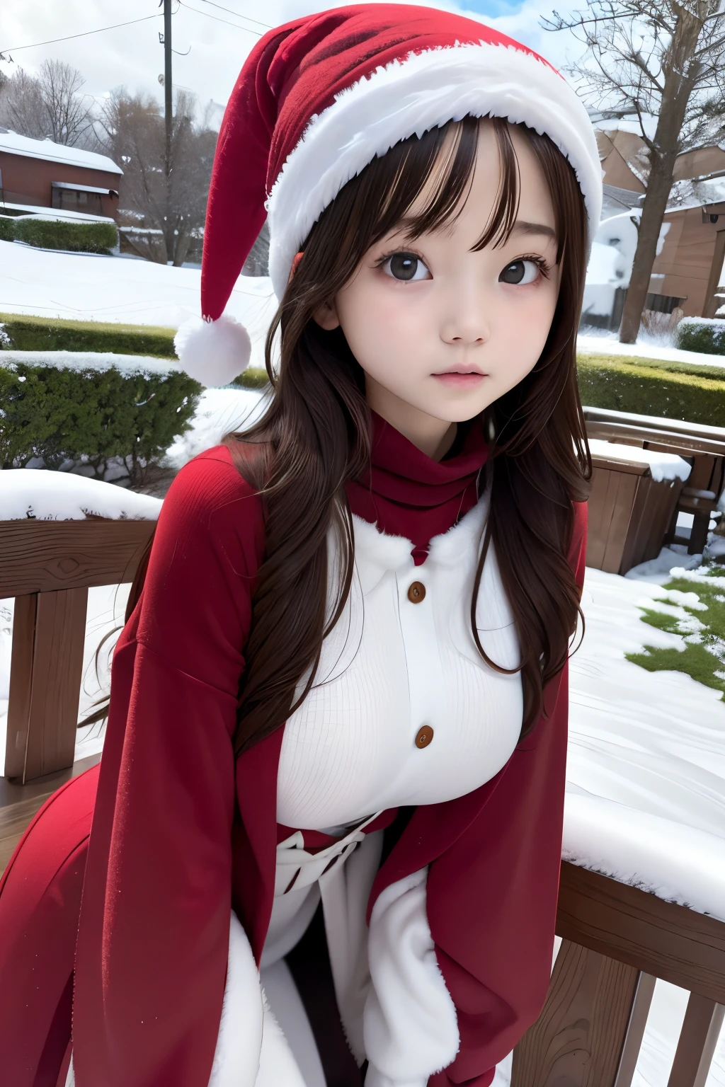 RAW shooting、Photorealsitic、masuter piece、one girls、a baby face、Very cute、Slender and beautiful、((small tits:1.2))、７Head and body、Meticulously drawn eyes、Attractive eyes、Twin-tailed、Breasts like a cutting board、Stylish winter clothes、Eskimo、Frigid winter、snowscape、white Christmas、Christmas tree、Christmas Colors、
