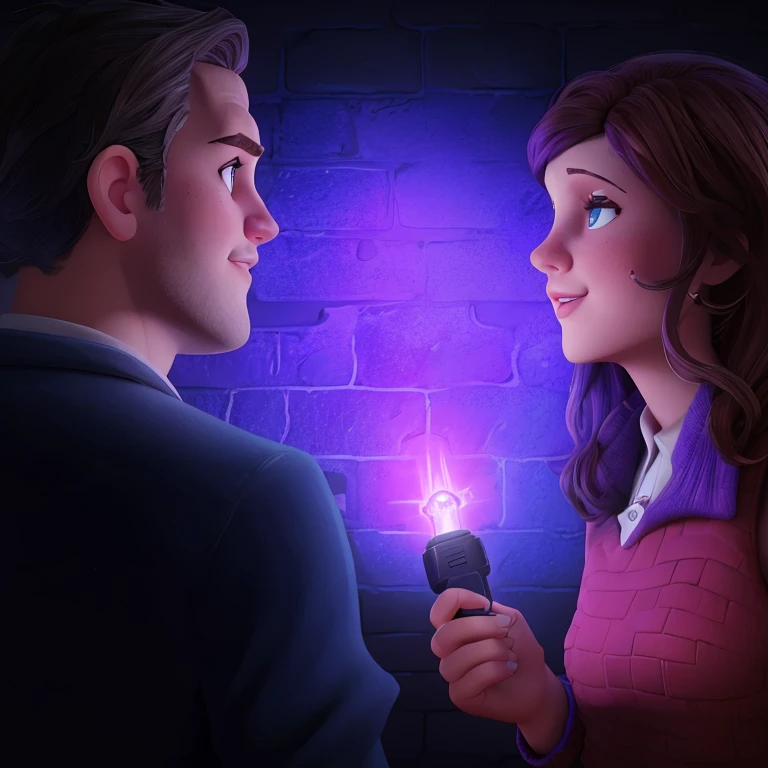 there  a man and woman that are talking to each other, brick wall background, purple flashlight, stylized  fantasy artwork, game illustration, background artwork, by Wayne England, promotional art, game art, art cover illustration, by Juan O'Gorman, art for the game, promotional artwork, point-and-click adventure game, by Rob Alexander, background art, by Jason Felix