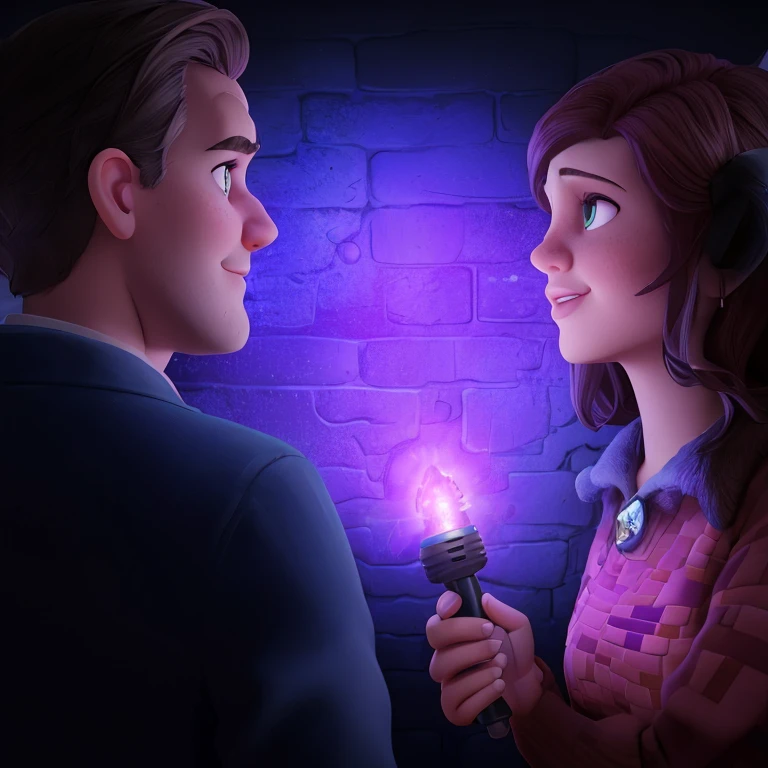 there a man and woman that are talking to each other, brick wall background, purple flashlight, stylized fantasy artwork, game illustration, background artwork, by Wayne England, promotional art, game art, art cover illustration, by Juan O'Gorman, art for the game, promotional artwork, point-and-click adventure game, by Rob Alexander, background art, by Jason Felix