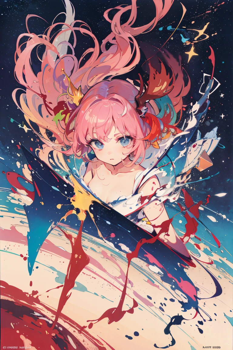 (masterpiece、top-quality、Official art:1.2)、Look at viewers、())、(santa costume)(Pink hair)(nude),christmas tree island、Rainbow fragments are scattered、(reindeer),floating colorful starry sky、(2D:1.5)