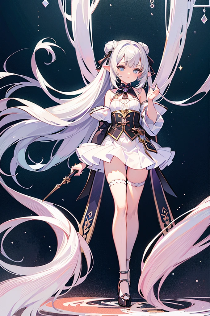 (tmasterpiece), (Best quality at best), (hyper-detailing), offcial art, one-girl, Silver-haired loli, Petite girl, Elf loli, White transparent robe, small, Chopping, cropped shoulders, underbust, Side breasts, thighs focus, Navel Out, Card illustration, Deep in the forest fountain
