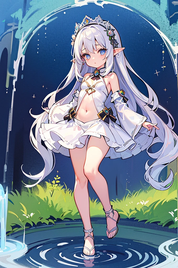 (tmasterpiece), (Best quality at best), (hyper-detailing), offcial art, one-girl, Silver-haired , Petite littf loli, White trarent robe, small, Chopping, cropped shoulders, underbust, Side breasts, thighs focus, Navel Out, Card illustration, Deep in the forest fountain