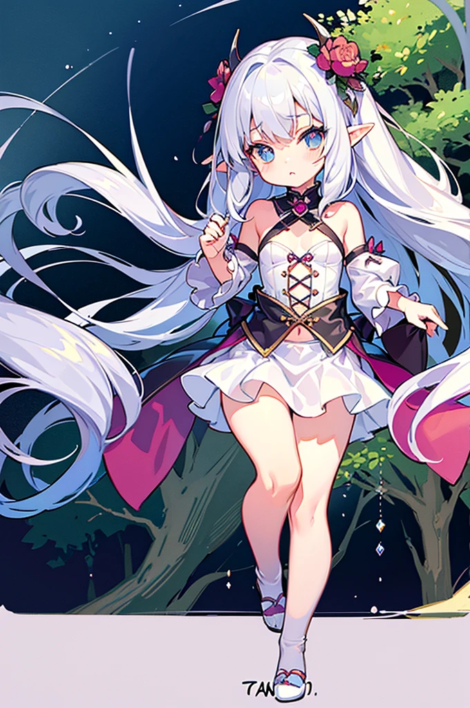 (tmasterpiece), (Best quality at best), (hyper-detailing), offcial art, one-girl, Silver-haired loli, Petite little girl, Elf loli, White transparent robe, small, Chopping, cropped shoulders, underbust, Side breasts, thighs focus, Navel Out, Card illustration, Deep in the forest fountain