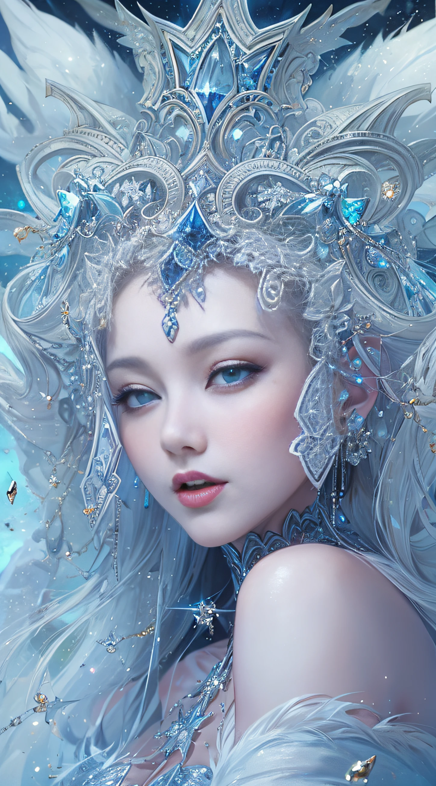 Platinum tone、((tmasterpiece)))、(((quality)))、((ultra - detailed))、(Surreal)、(Very detailed CG illustration）、Light particles、The halo、offcial art、s fractal art、geometry、Early 20th century abstract background oscow、Blizzarding、The whole body  glowing、Queen of snow、Cool beauty、 Woman in her 40s、eyes elongated、a sharp gaze、Sapphire eyes、sophisticated threats、gorgeous beauty、The magic of icy blizzards、Gorgeous dress、Diamond encrusted solo、perfect angle、Perfectcomposition