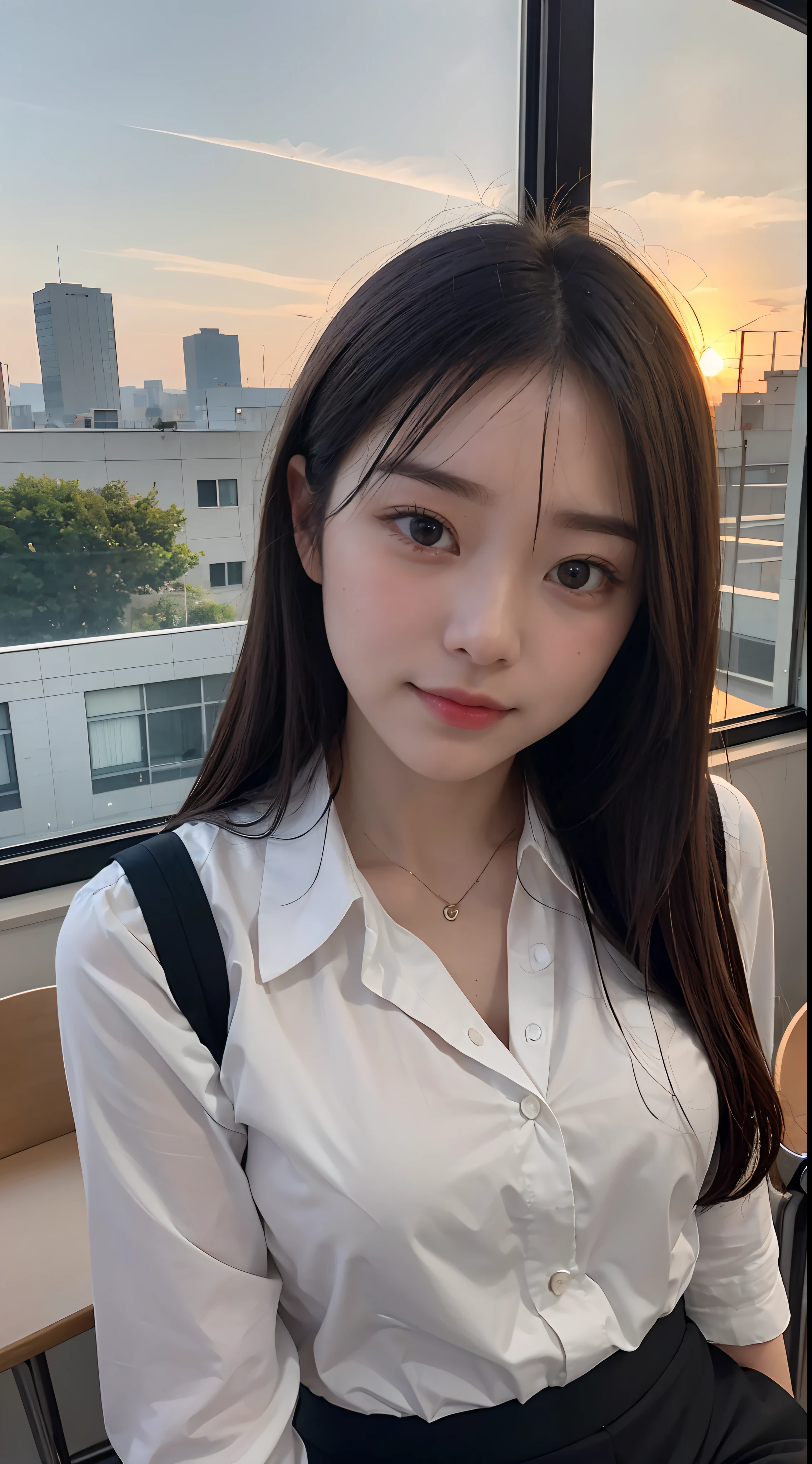 1girl them、japanes、 (I am)、(Chest)、18-year-old student、(Sitting on a school chair by the window)、she looking、Sunset setting、(super cute girls:1.5)、(A detailed的the face)、Textured leathece、Bare legged、Brown hair、(校服)、middle school、Klaas Rooms Hotel、School desks and chairs、Outside the window, you can see residential areas and the sunset..