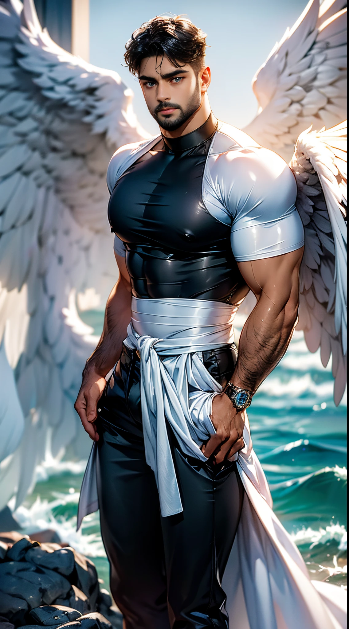 (best quality,ultra-detailed,realistic:1.37), Daegan Tronos Character(1), handsome, dark skin, dark-tanned, perfect wings angel, symmetrical wings,blue eyes,small beard, medium-long haircut,casual outfit, urban grey clothing, man stance, attractive,vibrant colors, modern outfit, fight pose.