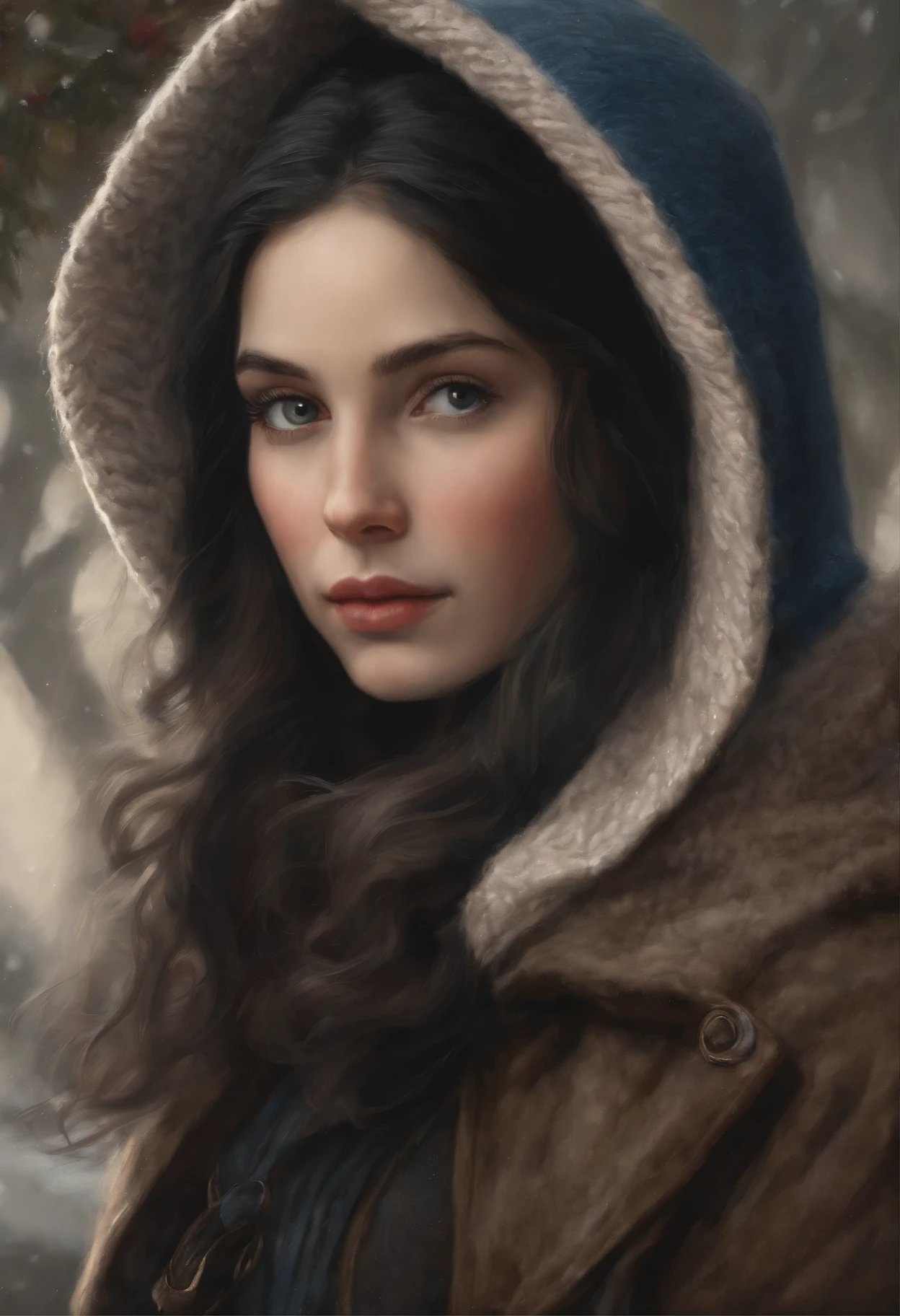 真实感, a painting, fantasy tale, Christmas style, John Tolkien style, Small painting by Jean-Baptiste Monge, portrait of a rocker girl with black Straight hair cascading from under the hood with soft facial features, Rocker girl soft facial features, With light makeup, dark pink lips, lip shape"pearlescent" ,"curved eyebrows in the shape of Engriberts, blue eyes, heavy-lidded eye shape, in a knitted hood, black Straight hair sticking out from under the knitted hood, sitting cross-legged in a large soft chair near the Christmas tree, the fireplace is burning in the back, Wearing trousers, Wearing a knitted lilac blue hooded sweater, Human hand, very clear without flaws with five fingers, mischievous character, Christmas tree, Gifts, Jean-Baptiste Monge, anthropomorphic --ar 2:3 --testp -optimistic;