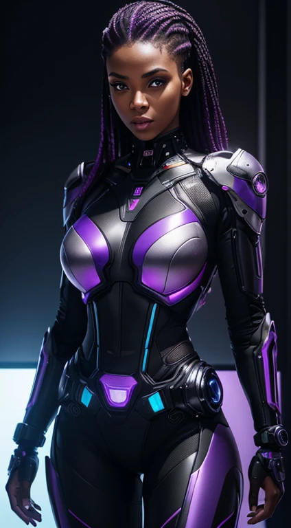 (best quality,4k,8k,highres,masterpiece:1.2),ultra-detailed,(realistic,photorealistic,photo-realistic:1.37),Cyborg,African American female,beautiful detailed eyes,beautiful detailed lips,purple hair,mechanical left arm,cybernetic belt,dystopian,sci-fi,metallic textures,futuristic fashion,colorful neon lights,urban environment,confident pose,wearing a sleek black outfit,technological enhancements,glowing circuitry,reflection on shiny surfaces,vivid colors,sharp focus,shadowy background.
