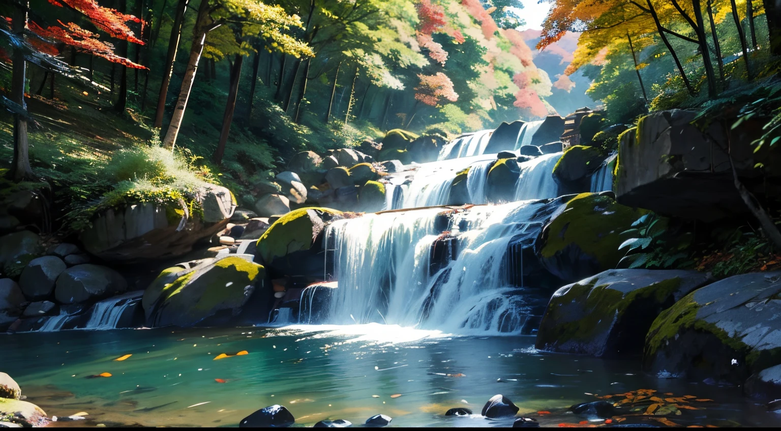 Best Quality、masutepiece、8K、((falls、Shrine above the waterfall、ln the forest))、Colored leaves、autumnal