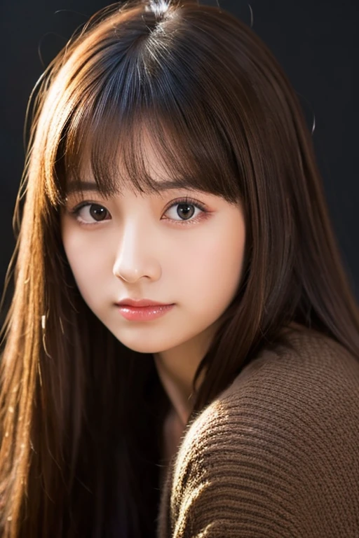 An ultra-high picture quality、Perfect Photo、japanes、Two beautiful girls、14age、Black background、Brown cardigan、Brown sweater、Photography Studio、With bangs、A dark-haired、stright long hair、Light makeup、press cheek to cheek、serious facial expression、up of face、closing eye、