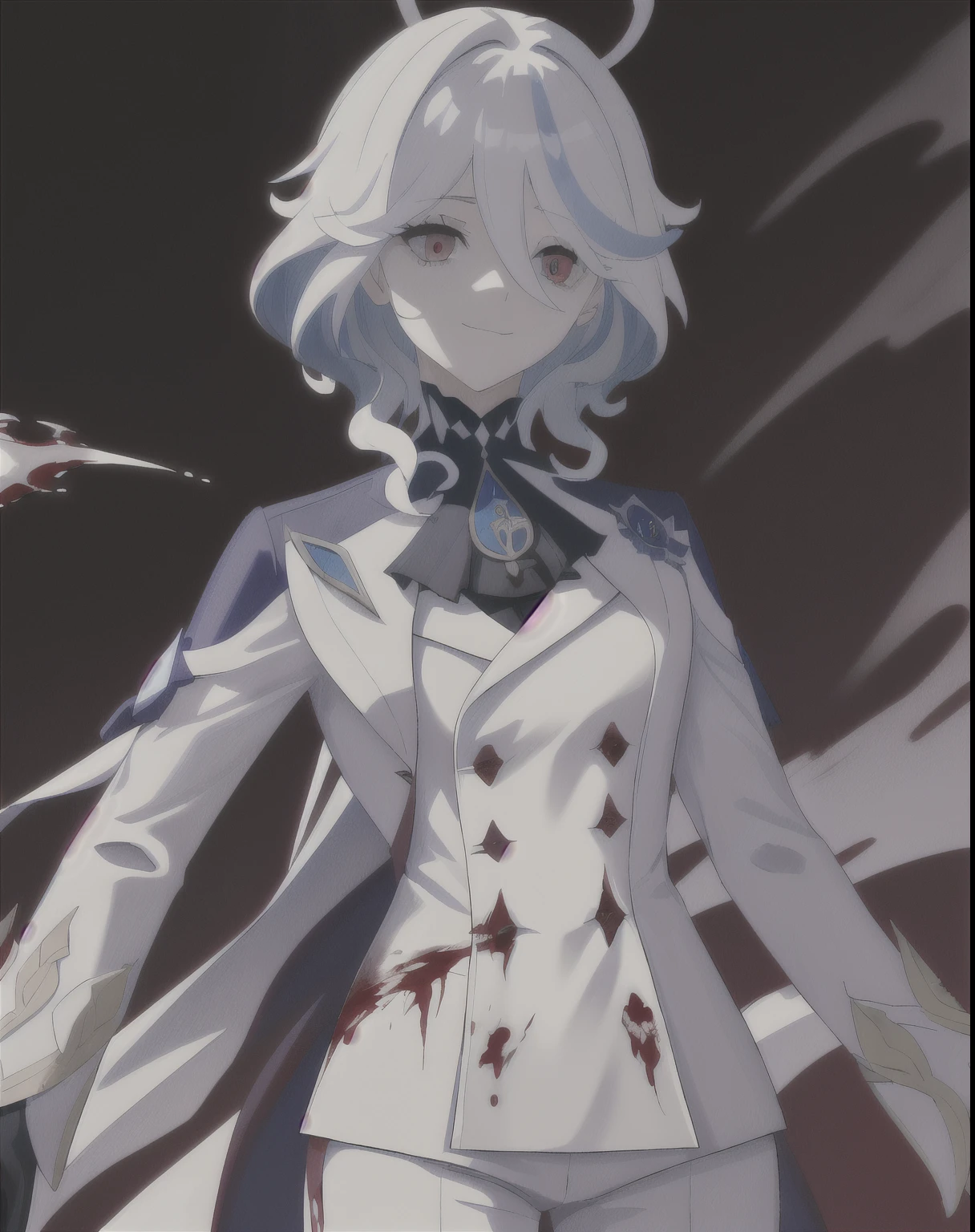 tmasterpiece, Best quality, almero dere, Mad eyes, Sick, blue backdrop, Blood-red eyes, partially colored, (messy hair:0.9), face expressionless, (looking-down:1.3), (shaded face:1.2), shadows on eyes, seen from the side,White latex coat,tightsuit, skin tight, latex,White jumpsuit,White jumpsuit, shinning clothes, Shiny, steamy,tmasterpiece, Best quality at best, 1 Sister, Forina, genshin impact, White hair, Blue hair,A thin body,Beautiful blood red eyeshadow,white long coat, There are blood stains on the long white coat, Morbid smile, mad smile,face with blood stains