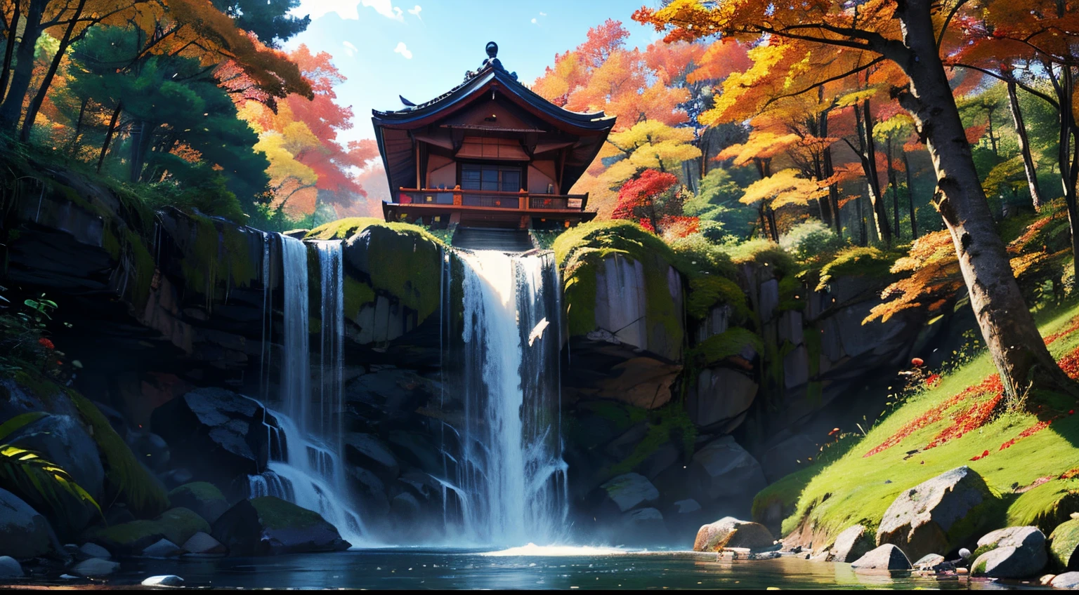 Best Quality、masutepiece、8K、Shrine above the waterfall、((falls、ln the forest))、Colored leaves、autumnal