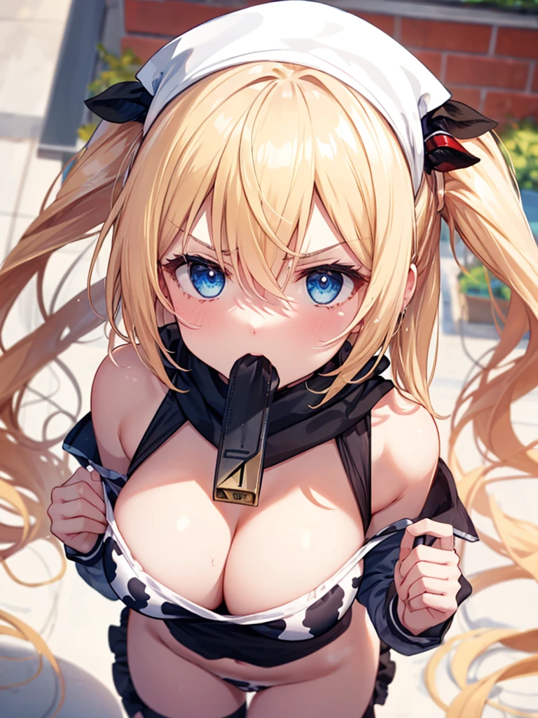 1 girl in, (Chiquita:1.2), Hinata Kaho, A blonde, double tails, Wear a scarf on your head,
cow pattern bikini, cowbell,
(Best quality at best, A high resolution, 4K, Detailed lighting, Shaders, perfect anatomia:1.2, NSFW),
(nursing, catch, focal point:1.2),
from the above, Upper Eye,
Angry, with her mouth open, Be red in the face,
looking at viewert,
Cafe background,
