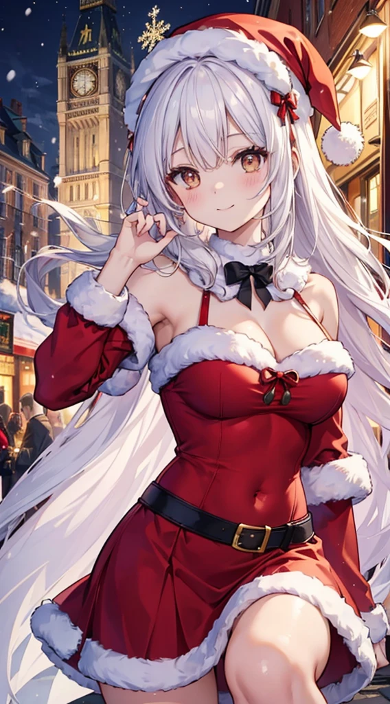 女の子1人、Santa Girl、Christmas、nigh sky、Christmas tree、It's snowing、、Too large breasts、cleavage of the breast、Red Santa Claus Lace One Piece Luffy&#39;White cloak、Navel Ejection、white  hair、Twin-tailed、Fluffy and soft long hair、A sparkling Christmas night、stele々shining brightly、A smile、Golden Eyes、European streets decorated for Christmas