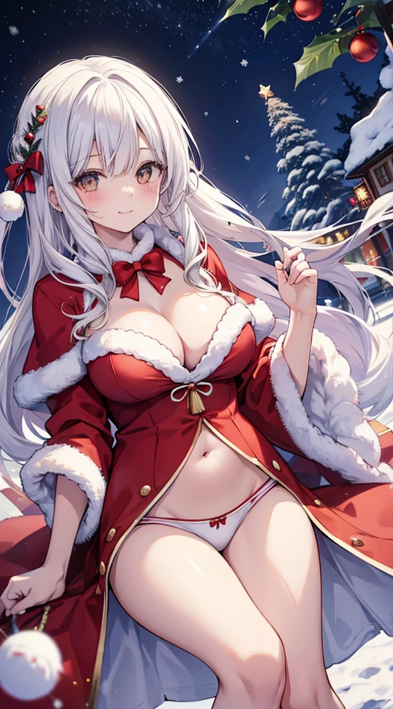1人、Santa Girl、Christmas、nigh sky、Christmas tree、It's snowing、、Too large breasts、cleavage of the breast、Red Santa Claus Lace One Piece Luffy'White cloak、Navel Ejection、white hair、Twin-tailed、Fluffy and soft long hair、A sparkling Christmas night、stele々shining brightly、A smile、Golden Eyes、European streets decorated for Christmas