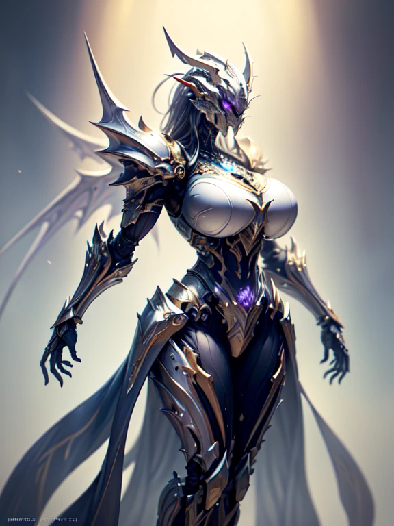 (Masterpiece: 1.2), highest quality, high resolution, Unity 8K wallpaper, (Illustration: 1.0), beautiful details, very detailed, perfect lighting, highly detailed CG, eyes shining purple, backlight,
(flowing curvaceous armor, armor, full_armor, mechanical wing, white collar), warframe, horn,
Look at the viewer, solo, full body, huge_breasts