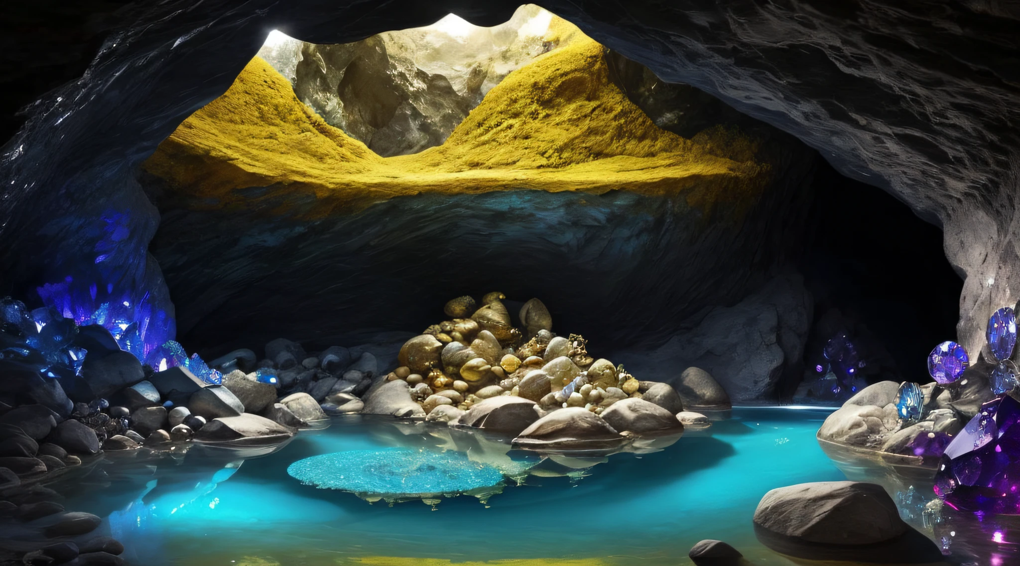 Gold and silver treasures、highly detailed gems、cave with crystal、Cosmic crystals in a lush black marble cave、dream water pool with light、((Jewels as far as the eye can see)),All Wall Jewelry Crystal Gem Jewelry, High-value jewelry