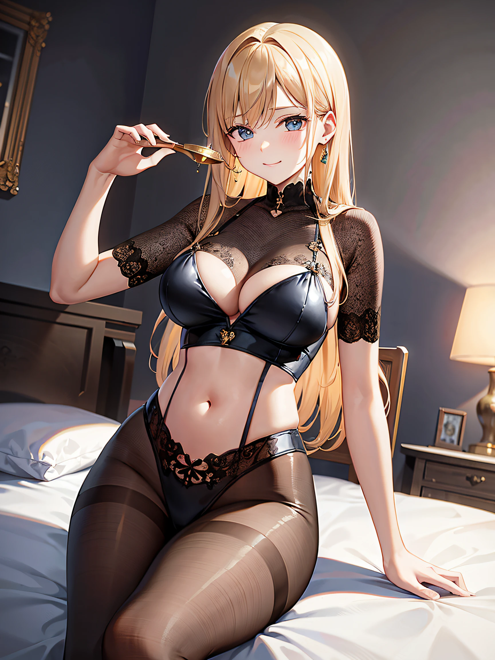 (masterpiece,Best Quality:1.8),(8K,superfine illustration:1.5),(ultra-detailliert:1.8),(A woman who draws beautiful pictures),Cute Girl,Smile:1.6:(Metallic Gold,an lingerie:1.4),(Metallic Gold、See-through body stockings:1.2),(sexy pose:1.5),Sit up,(Bedrooms:1.6),Dynamic Angle,Random position,blue tone、